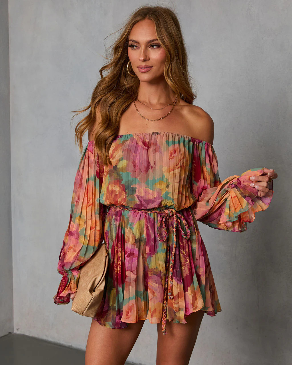 Natalei Pleated Chiffon Waist Tie Romper | VICI