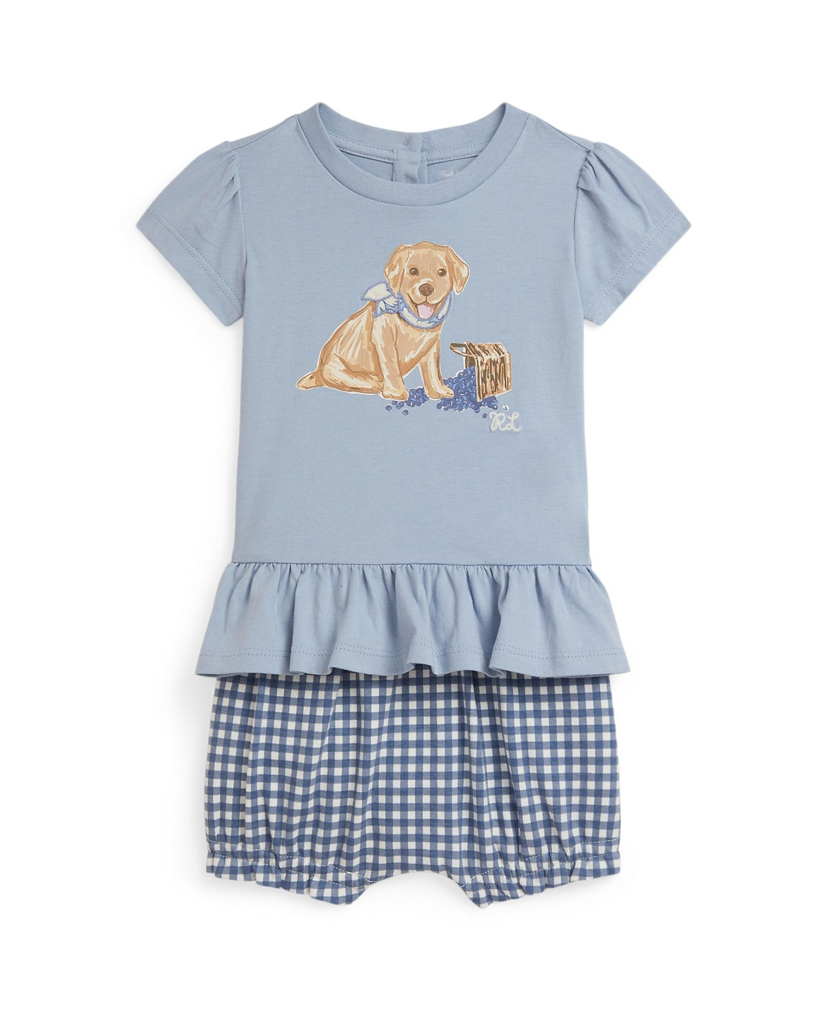 Polo Ralph Lauren Baby Girls' Dog-Print Crewneck T-Shirt and Gingham Shorts, 2-Piece Set - Blue | Macy's