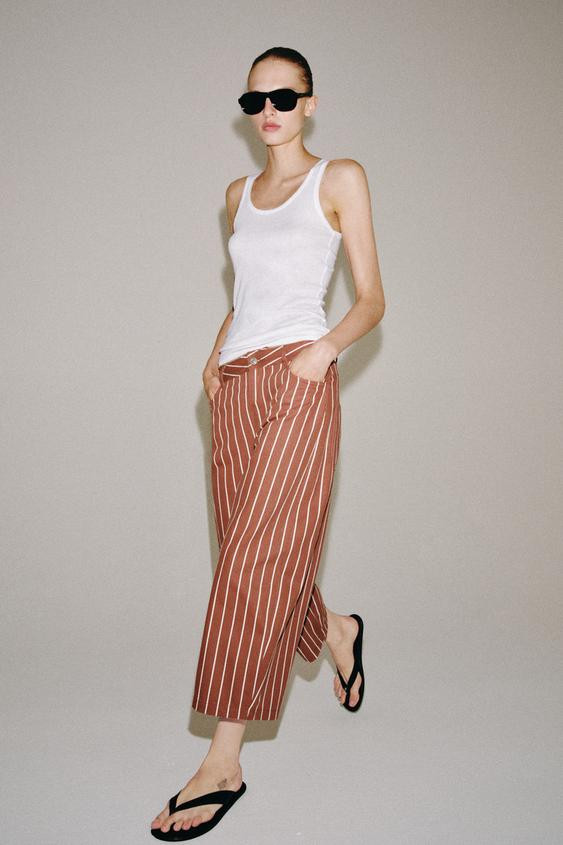 Zara - Zw Collection Cropped Striped Trousers - Maroon - Xl - Woman | Zara US