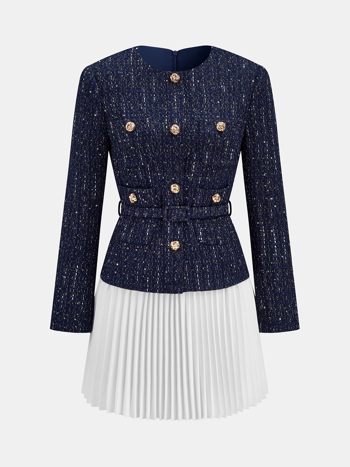 Pleated Hem Panel Tweed Belted Mini Dress | Commense