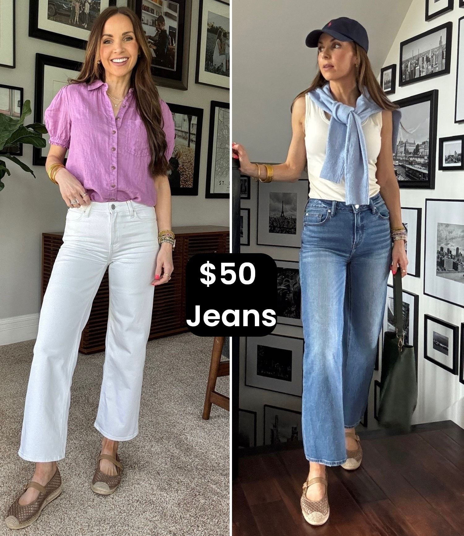@onequince Bella relaxed straight jeans in two colors. I sized up the the white but wear my true size otherwise- 28 inseam (I’m 5’6) 