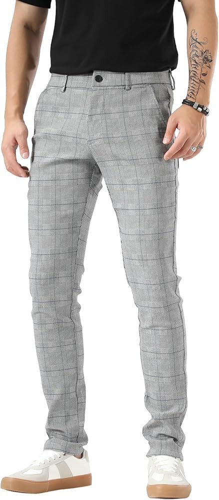 Plaid&Plain Men's Plaid Pants Skinny Dress Pants for Men Skinny Chino Pants Men | Amazon (US)