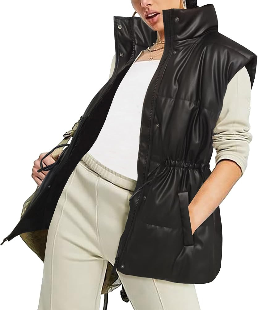 Women's Faux Leather Puffer Vest PU Quilted Sleeveless Cotton Padded Jacket | Amazon (US)