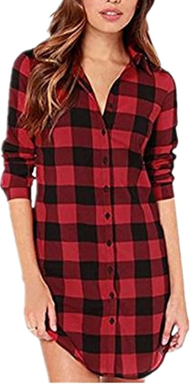 Women Blouses Tops Buffalo Check Plaid Long Sleeve Collar Neck Casual Button Down Shirts | Amazon (US)