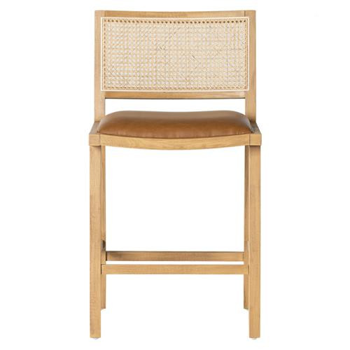 Samantha Coastal Brown Faux Leather Natural Wood Cane Counter Stool | Kathy Kuo Home