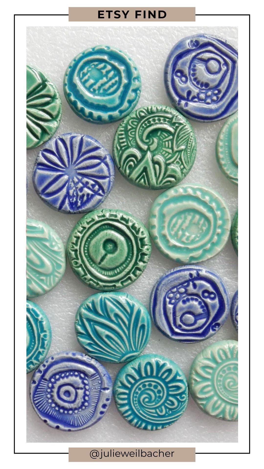These handmade ceramic “clay coins” are full of texture, color, and personality. 🌊 The dreamy blues and greens feel straight out of the ocean, and each embossed design makes every piece unique. Perfect for mosaics, mixed media art, a backsplash, and spring-inspired projects ... or styled in a pretty bowl on your coffee table as artful decor. They add depth, movement, and a collected feel to any creative space.

For mosaic tips, tutorials, inspiration, and so much more please visit my YouTube channel: YouTube.com/julieweilbacher, and follow @julieweilbacher on Instagram for all things mosaic art.

#mosaic #ceramictiles #mixedmediaart #oceaninspired #springdecor #etsy #creativefinds #backsplash #homedecorinspo #craftsupplies

#LTKHome
