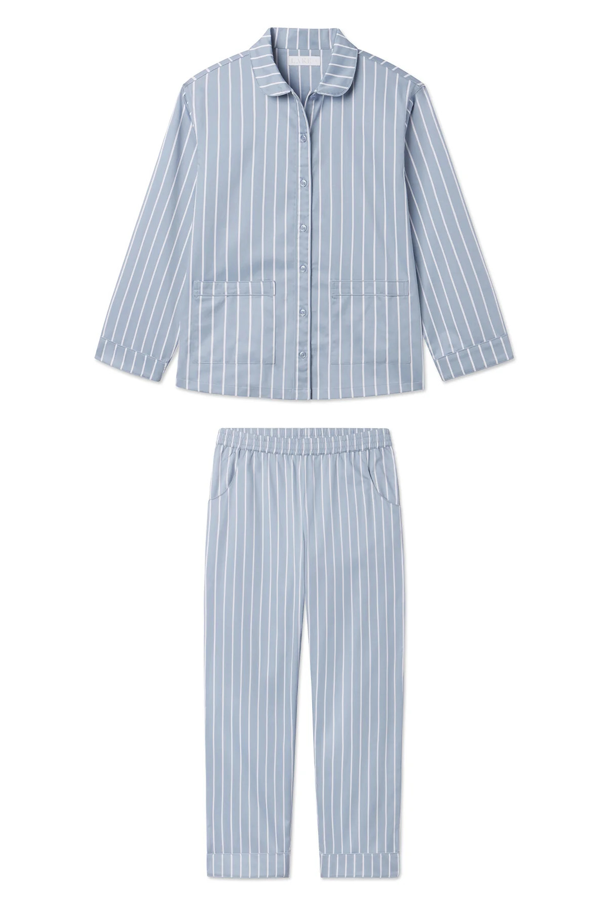 Poplin Piped Pants Set in Dusty Blue Stripe | Lake Pajamas