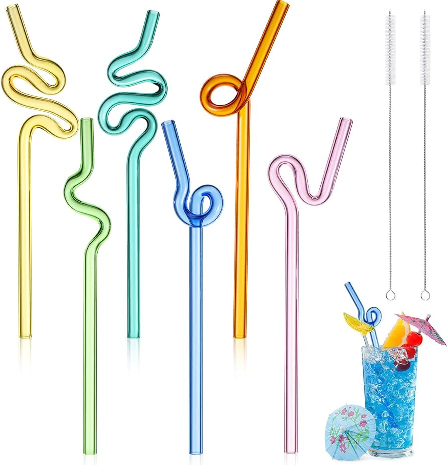 6 Pcs Wavy Glass Straw Reusable Curved Silly Glass Straws Shatter Resistant with 2 Cleaning Brush... | Amazon (US)