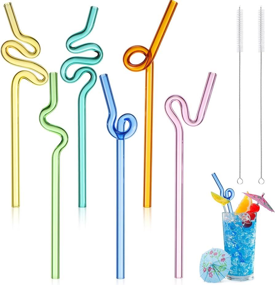 6 Pcs Wavy Glass Straw Reusable Curved Silly Glass Straws Shatter Resistant with 2 Cleaning Brush... | Amazon (US)