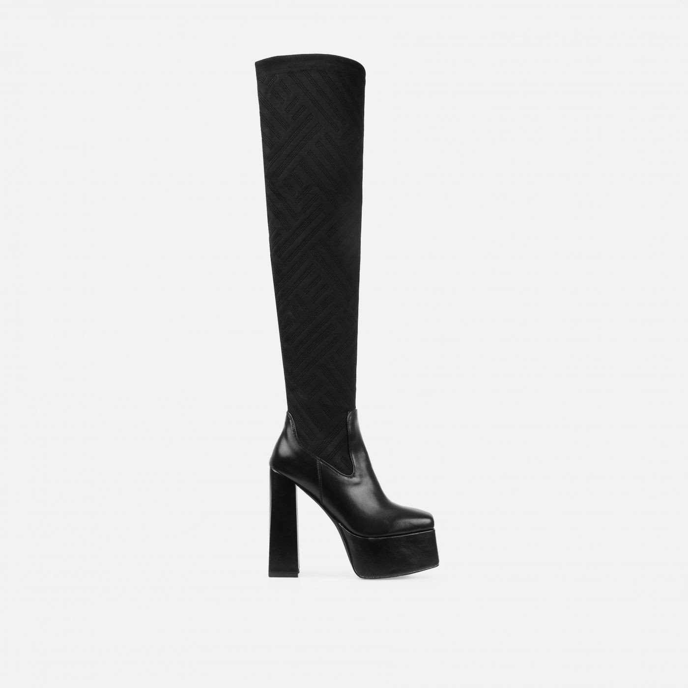 Eason Black Knit Platform Block Thigh High Boots | Simmi Shoes