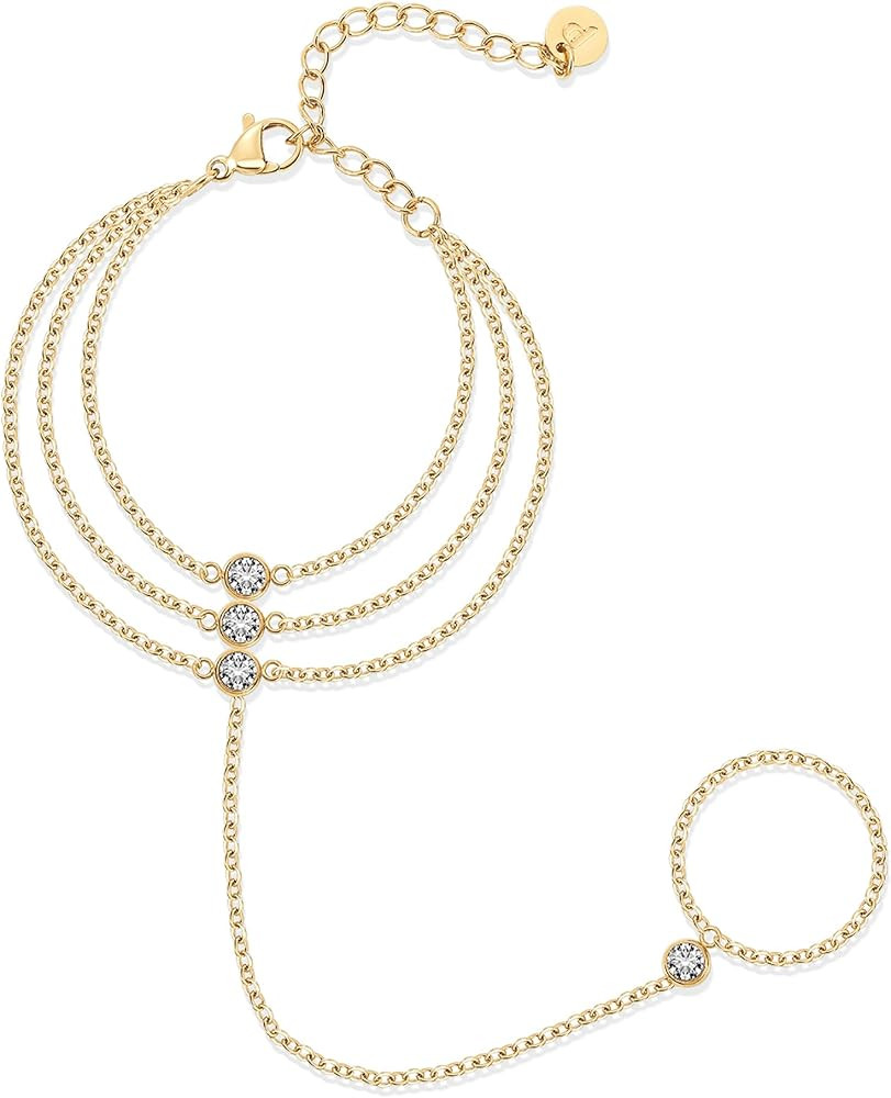 PAVOI Waterproof Layered Hand Chain Bracelet for Women - 14K Gold Plated Stainless Steel Loop Cha... | Amazon (US)