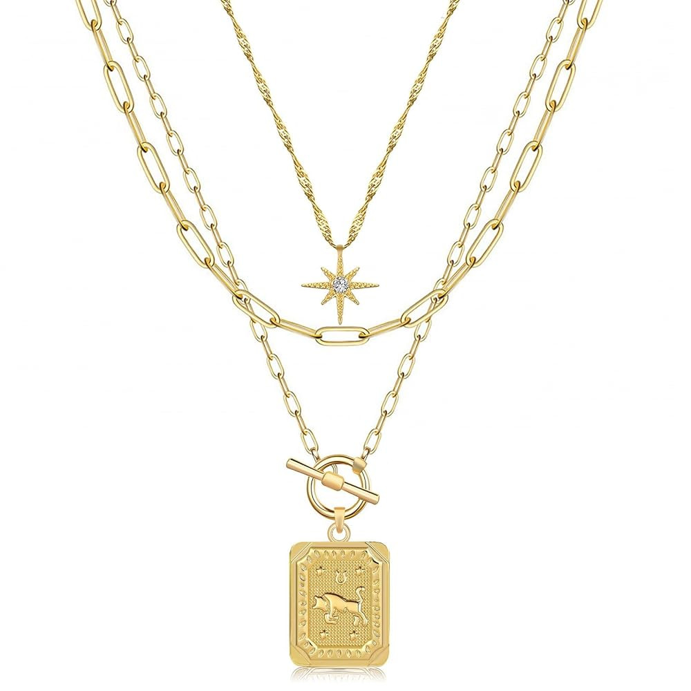 MJartoria Layered Necklaces for Women Trendy, 14K Gold Plated Brass Simple Star Choker Square Flo... | Amazon (US)