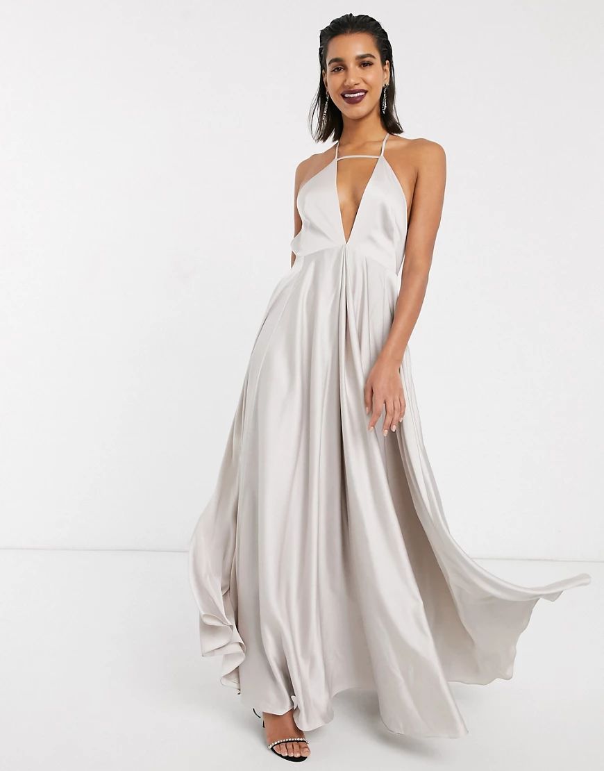ASOS EDITION plunge cami maxi dress with full skirt-Grey | ASOS (Global)