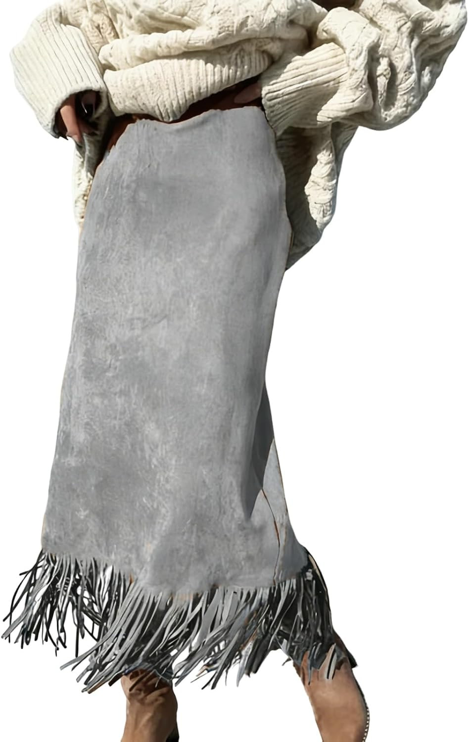 Women's Casual Faux Suede High Waisted Midi Skirt, Boho A-Line Fringe Hem Skirt for Daily,Vacation & Street | Amazon (US)