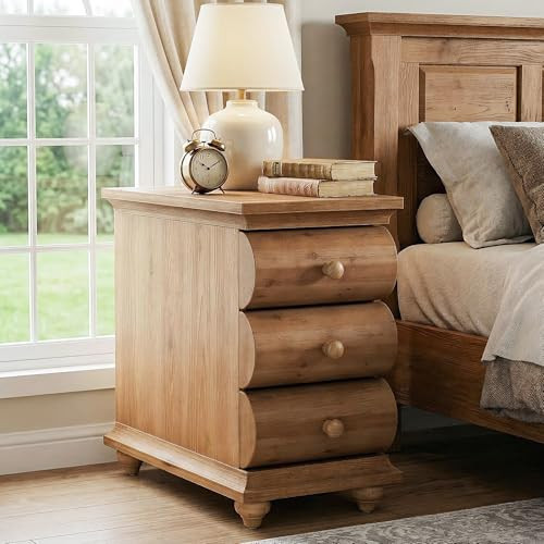 TRIBEWOOD Solid Wood End Table, 3 Drawers Narrow Sofa Side Table with Finished Back, Rustic Slim Nightstand Bedside Table for Bedroom, Living Room, Small Space | Amazon (US)