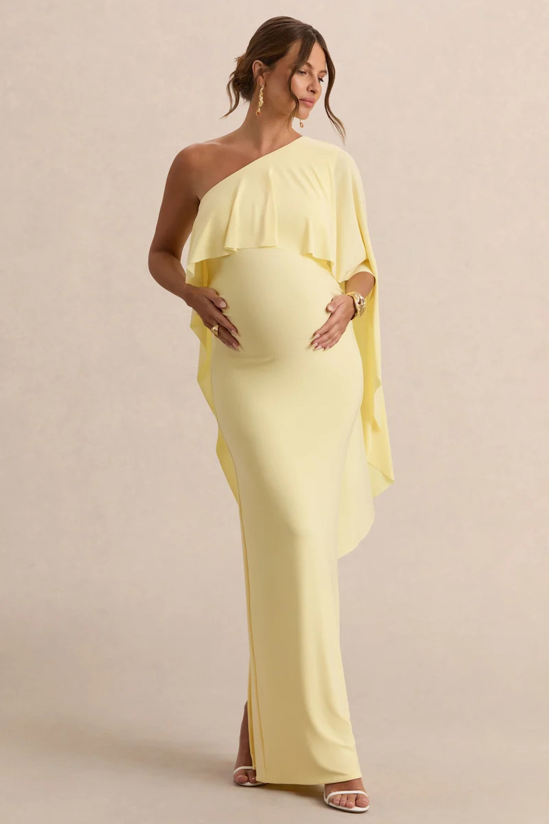 Cicely  Lemon Asymmetric-Neck Maternity Maxi Dress With Cape Sleeve | Club L London