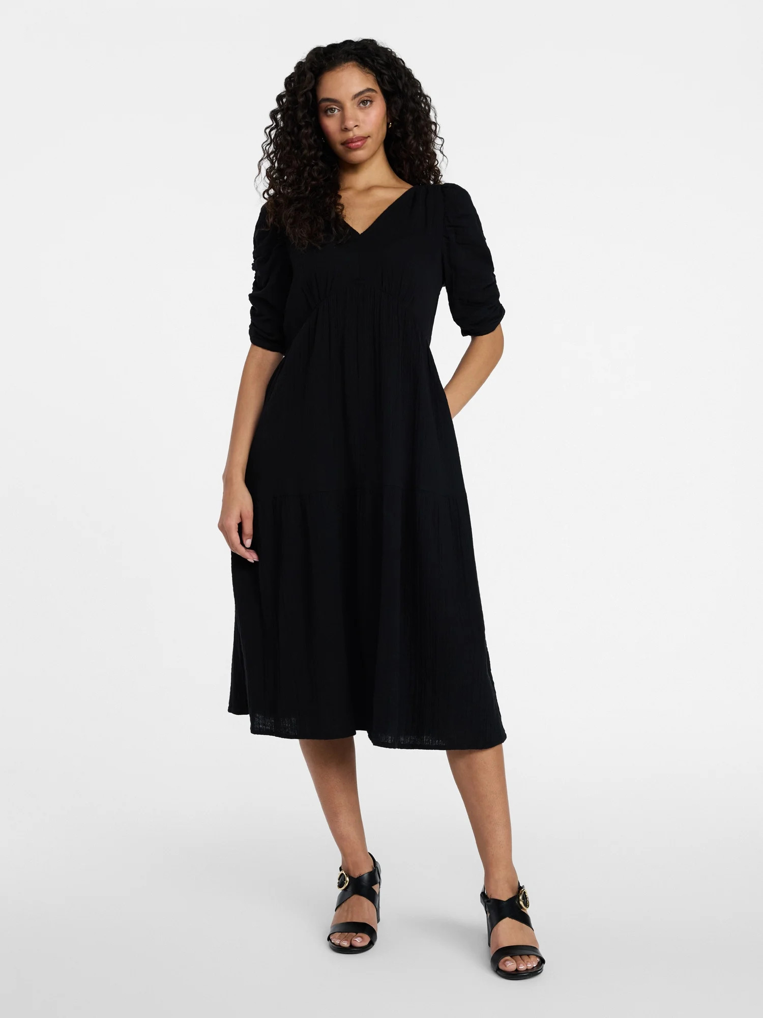 Time and Tru Women's Cotton Tiered Midi Dress with Elbow Length Sleeves, Sizes XS-XXXL | Walmart (US)