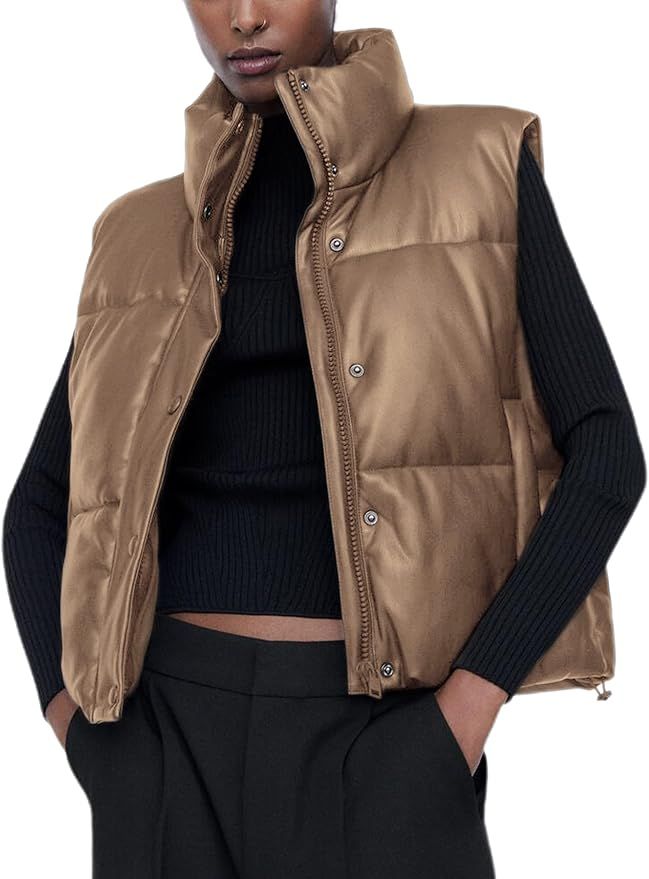 Ailoqing Womens Faux Leather Puffer Vest Zip Up Sleeveless Winter Cropped Jacket | Amazon (US)