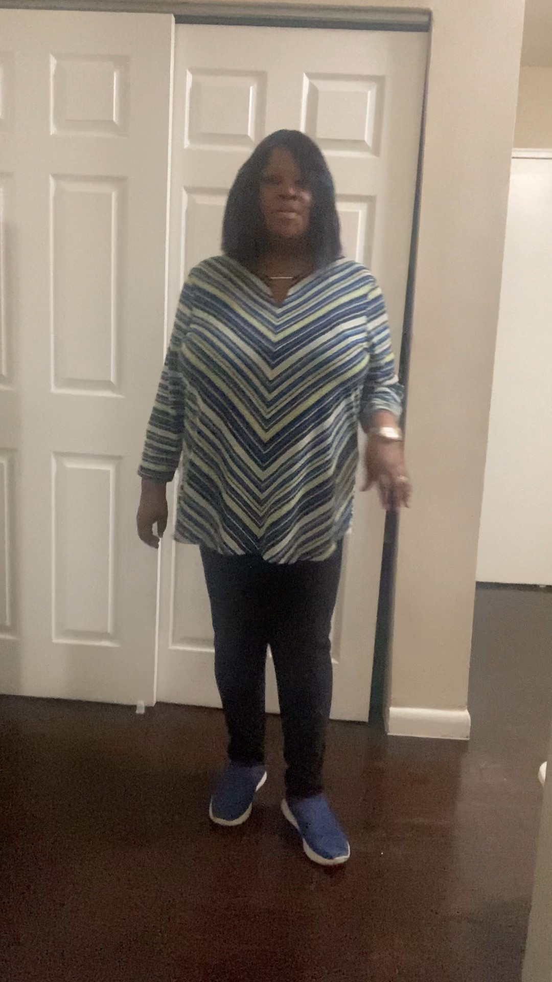 Outfit of the day. Women’s Pebble Stripe Keyhole Neck Top with black straight leg pants and blue suede shoes. Wearing my gold watch and gold band ring. I will be listing some other chevron tops in addition to this one.

#LTKPlusSize #LTKOver40 #LTKootd