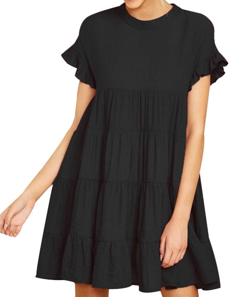 Joteisy Women’s O Neck Ruffle Sleeve Tiered Casual Mini Dresses (L, Black) at Amazon Women’s ... | Amazon (US)
