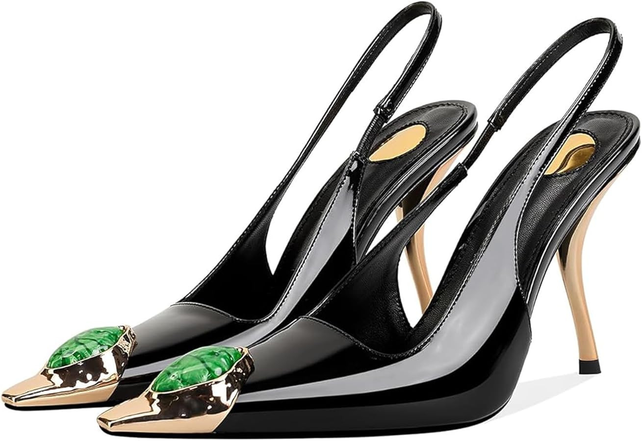 Womens Slingback High Heels Crystal Metal Pointed Closed Toe Stiletto Heeled Sandals Party Weddin... | Amazon (US)