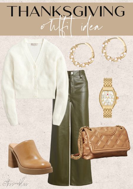 Thanksgiving outfit idea 🤎 cream cardigan sweater with green faux leather pants and clogs 

#LTKsalealert #LTKfindsunder50 #LTKHoliday