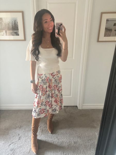 White knit top
Floral smocked midi skirt 
Over the knee camel boots

#LTKHoliday #LTKSeasonal #LTKover40