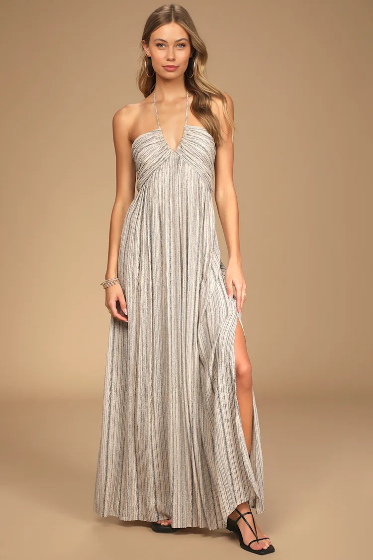 Stroll the Sand Beige Print Sleeveless Halter Maxi Dress | Lulus (US)
