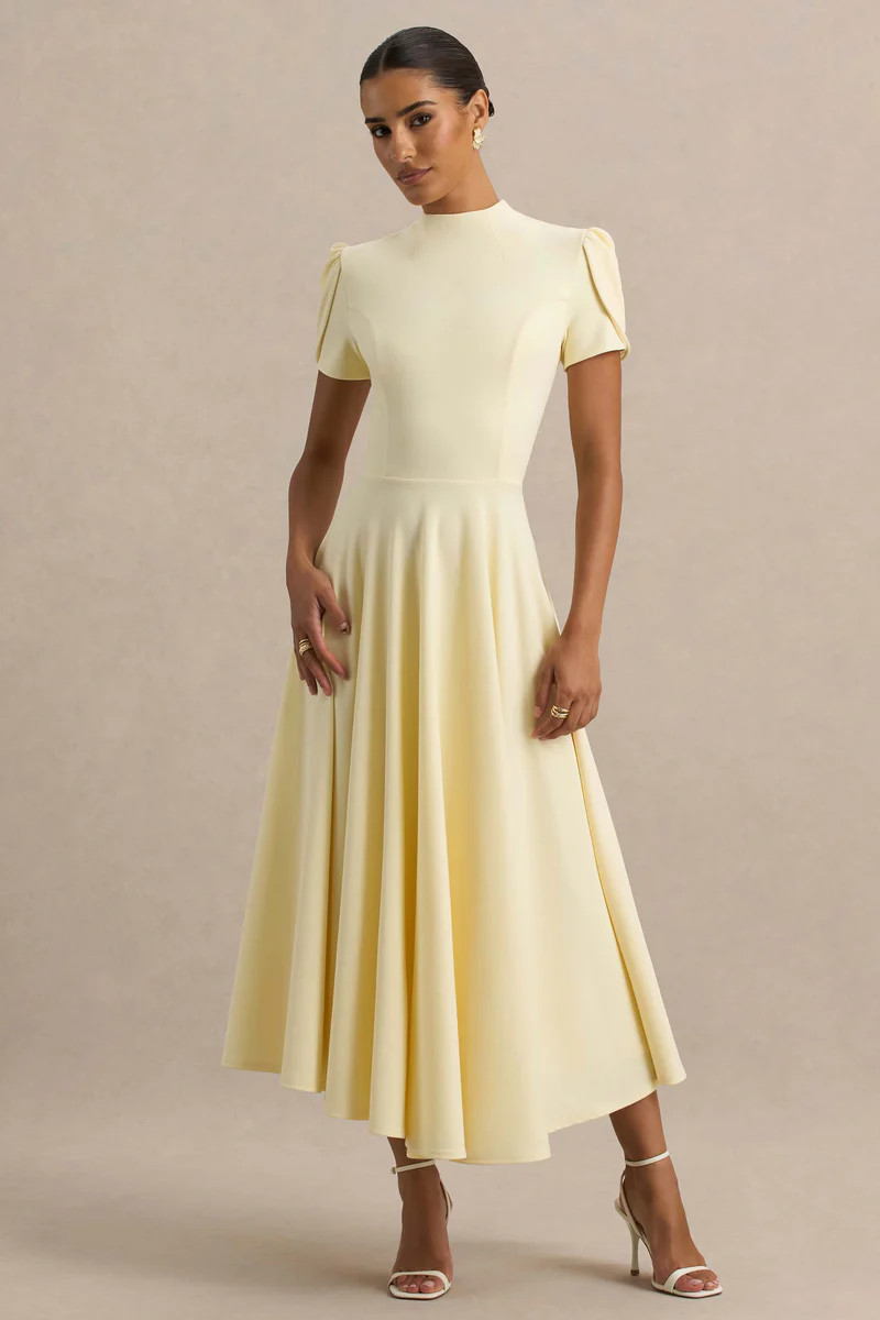 Vicky | Lemon High Neck Midi Dress With Puff Sleeves | Club L London