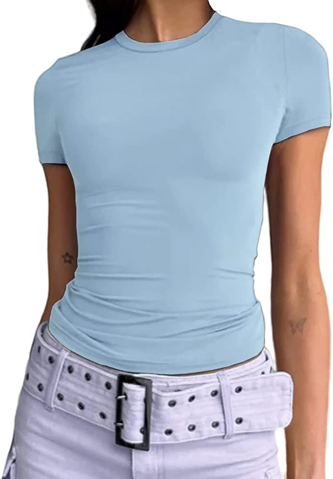 Women's Casual Basic Going Out Crop Tops Slim Fit Short Sleeve Crew Neck Tight T Shirts | Amazon (US)