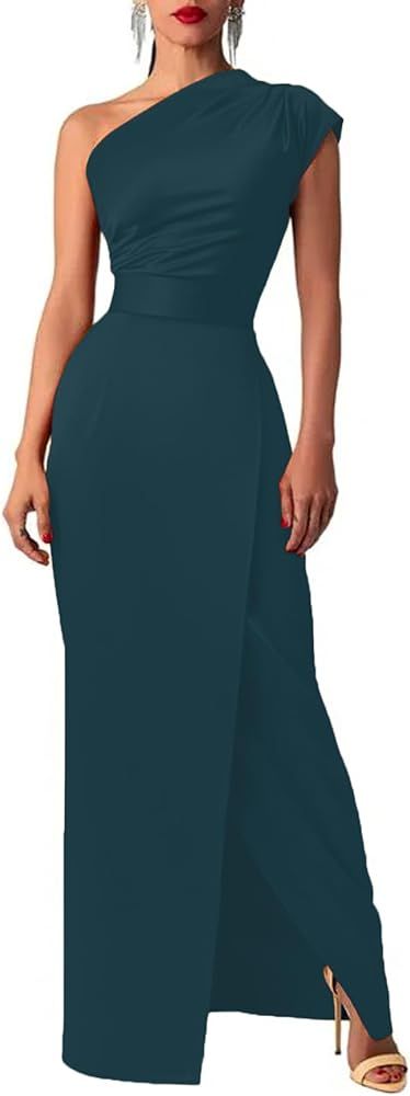Vrtige Women's One Shoulder Ruched High Waist Split Hem Sleeveless Cocktail Maxi Long Dress | Amazon (US)