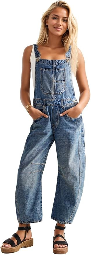 Ladyful Women's Denim Overall Casual Straight Wide Leg Bib Jeans Overall Adjustable Straps Denim ... | Amazon (US)