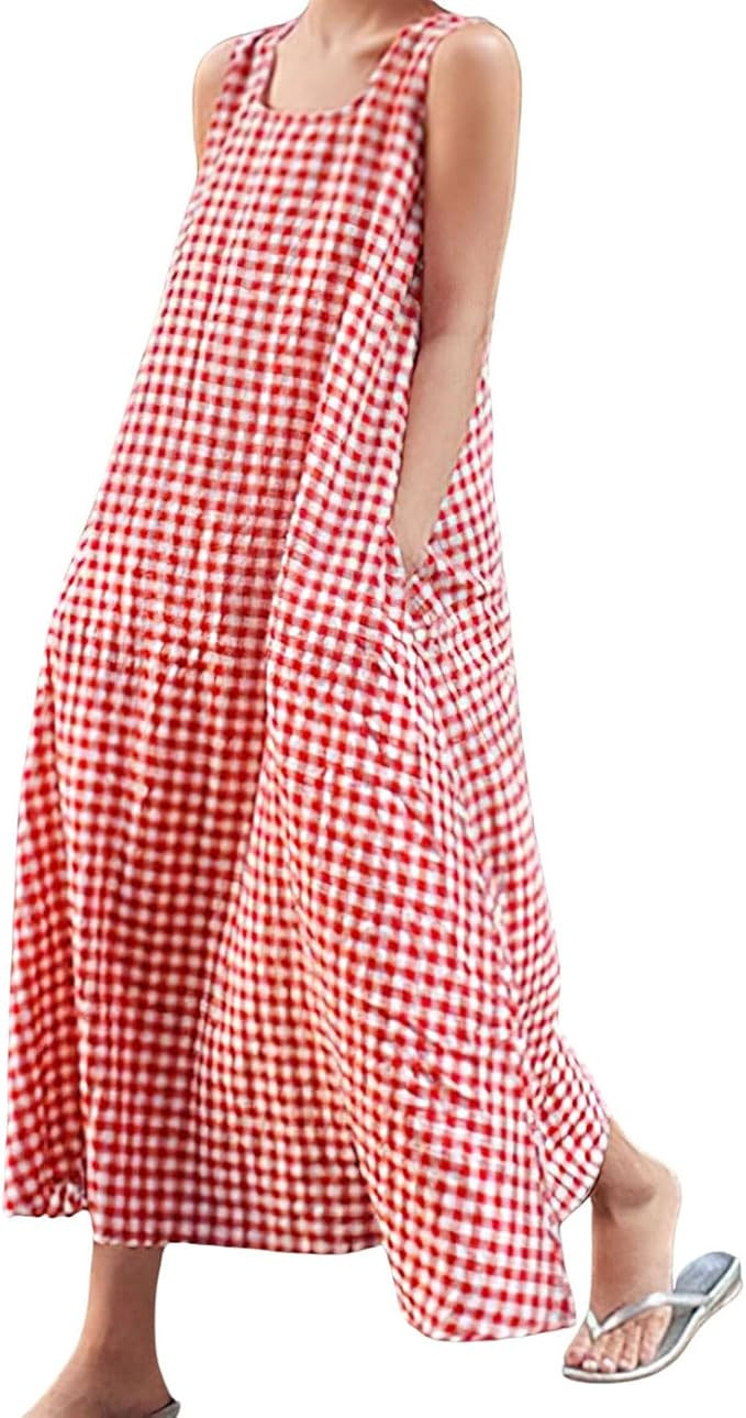 chouyatou Women's Casual Loose-Fit Cotton and Linen Plaid Tank Maxi Dress with Pockets | Amazon (US)
