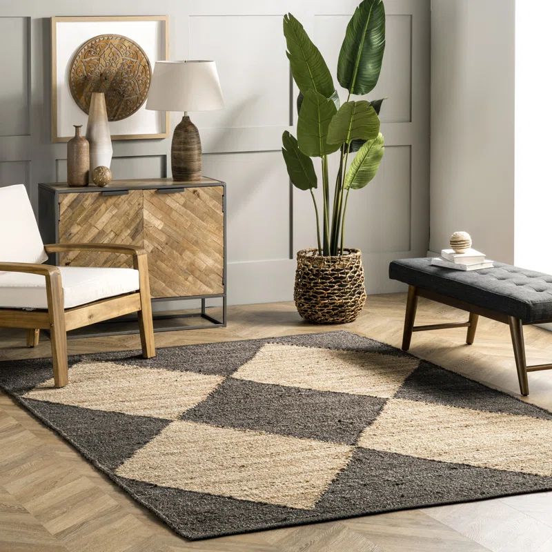 Lowman Geometric Jute Area Rug for Dining Room Living Room Kitchen, Black/Ivory | Wayfair North America