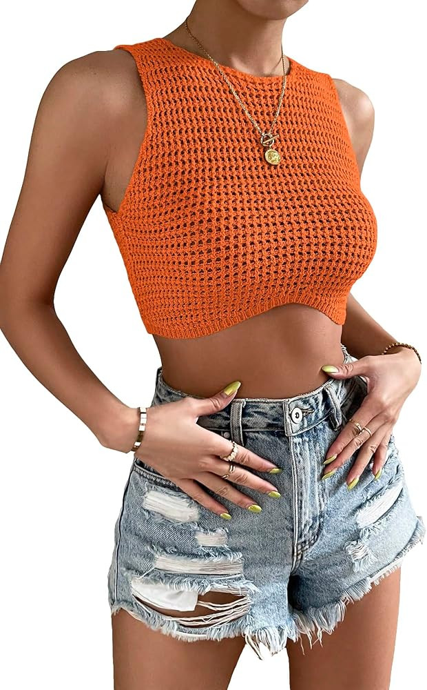 Floerns Women's Sleeveless Crewneck Knitted Crohet Push Up Crop Tee Shirt Top | Amazon (US)
