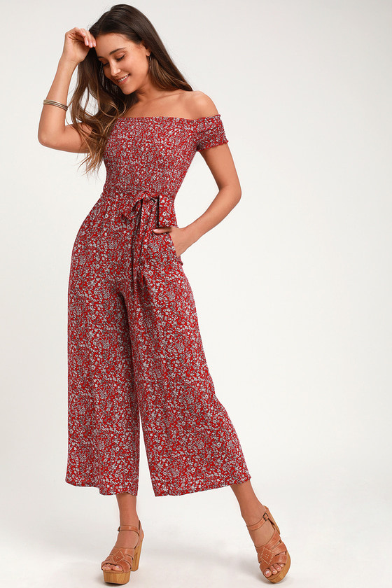 Behold Red Floral Print Off-the-Shoulder Jumpsuit | Lulus (US)