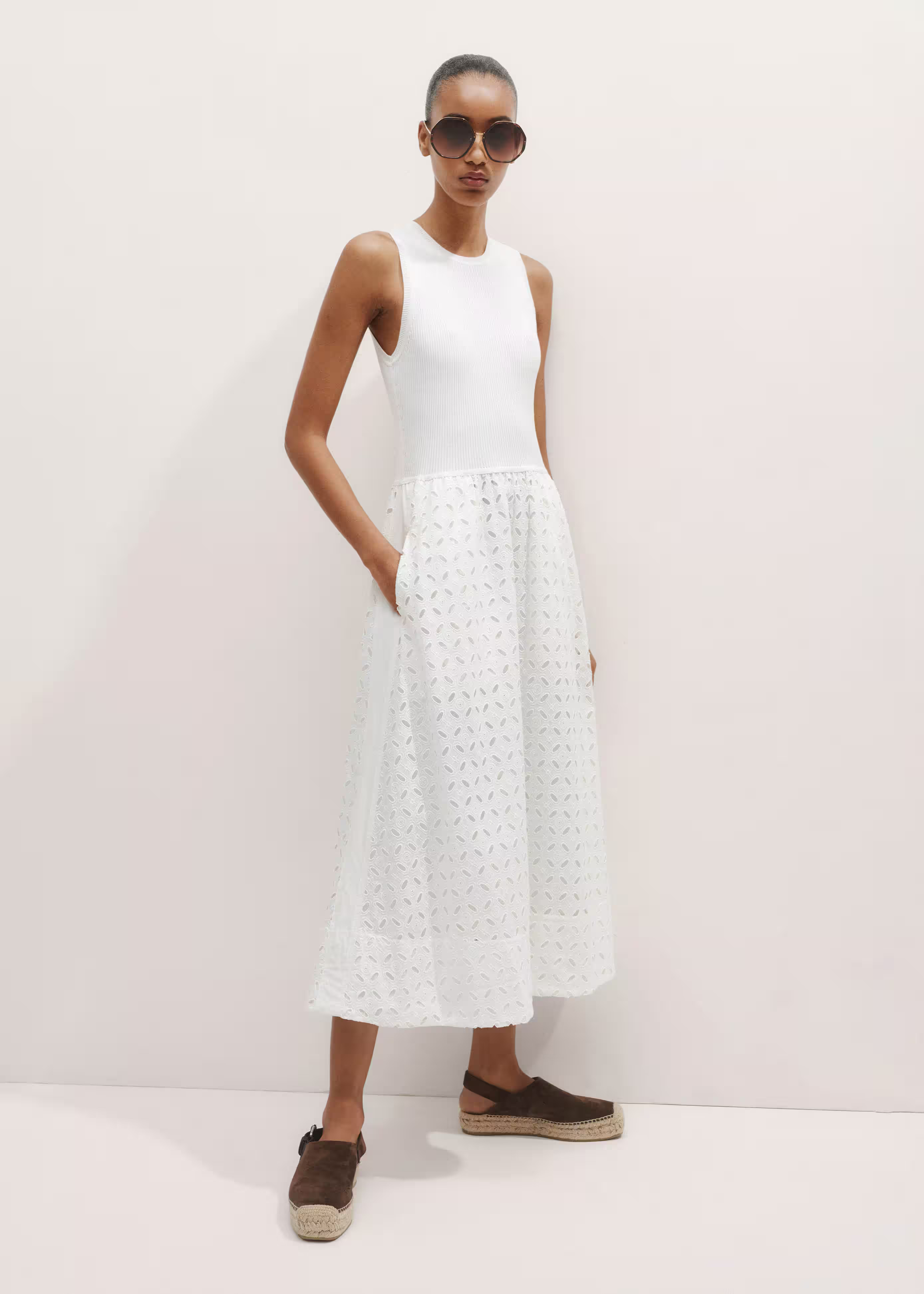 Women's White Knit + Broderie Mixed Media Midi Dress | ME+EM | ME+EM Global (Excluding US)