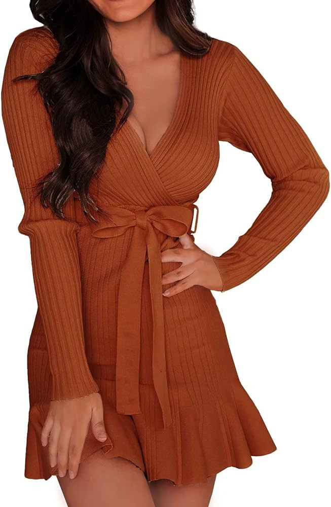 VIMPUNEC Fall Tie Waist Sweater Dress Elegant V Neck Wrap Sweater Dress Knit Mini Sweater Dress | Amazon (US)