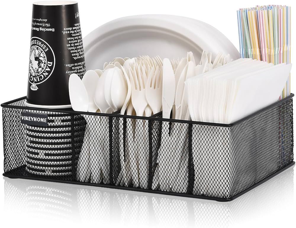 VIKEYHOME Paper Plate Organizer for Countertop, Metal Silverware Caddy with 6 Compartments for Pl... | Amazon (US)