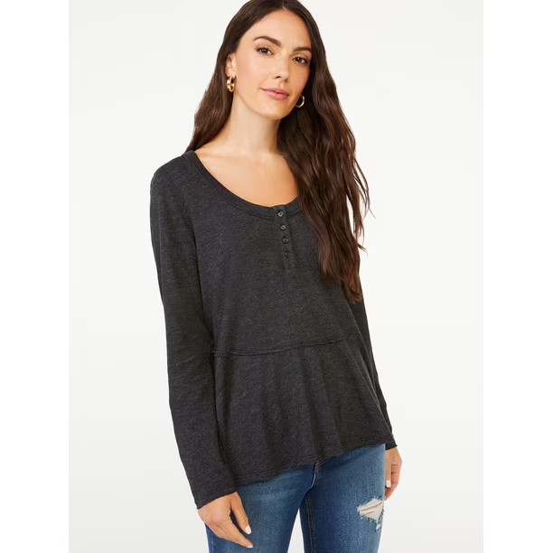 Scoop Women's Semi Sheer Curved Henley Top | Walmart (US)