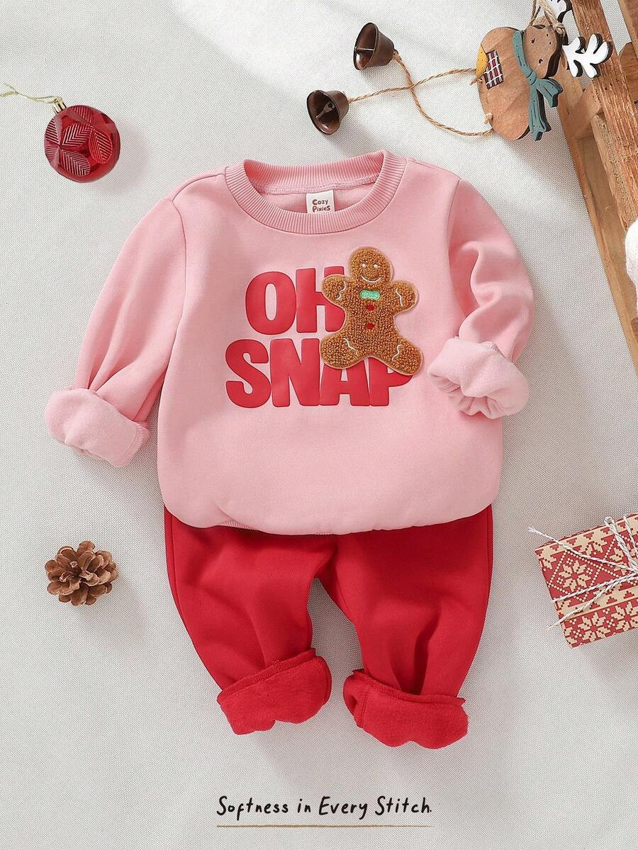 Cozy Pixies 2pcs Baby Girl Christmas Gingerbread Letter Print Knit Soft Crew Neck Long Sleeve Swe... | SHEIN