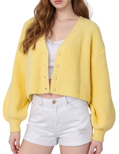 VDWIP Womens Cropped Knit Cardigan Sweaters Chunky Button Down Long Sleeve Open Front Sweater Cropped Knitted Casual Cardigan(Yellow-S) | Amazon (US)