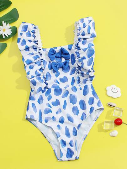 NEWToddler Girls Allover Graphic Bow Front One Piece Swimsuit | SHEIN