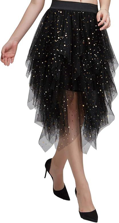 Women's Midi Tutu Skirt High Waist Tulle Mesh Sequins Skirts | Amazon (US)