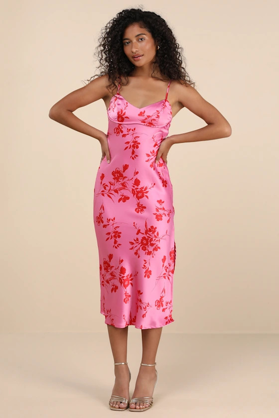 Glamorous Efforts Hot Pink Floral Print Tie-Back Midi Dress | Lulus