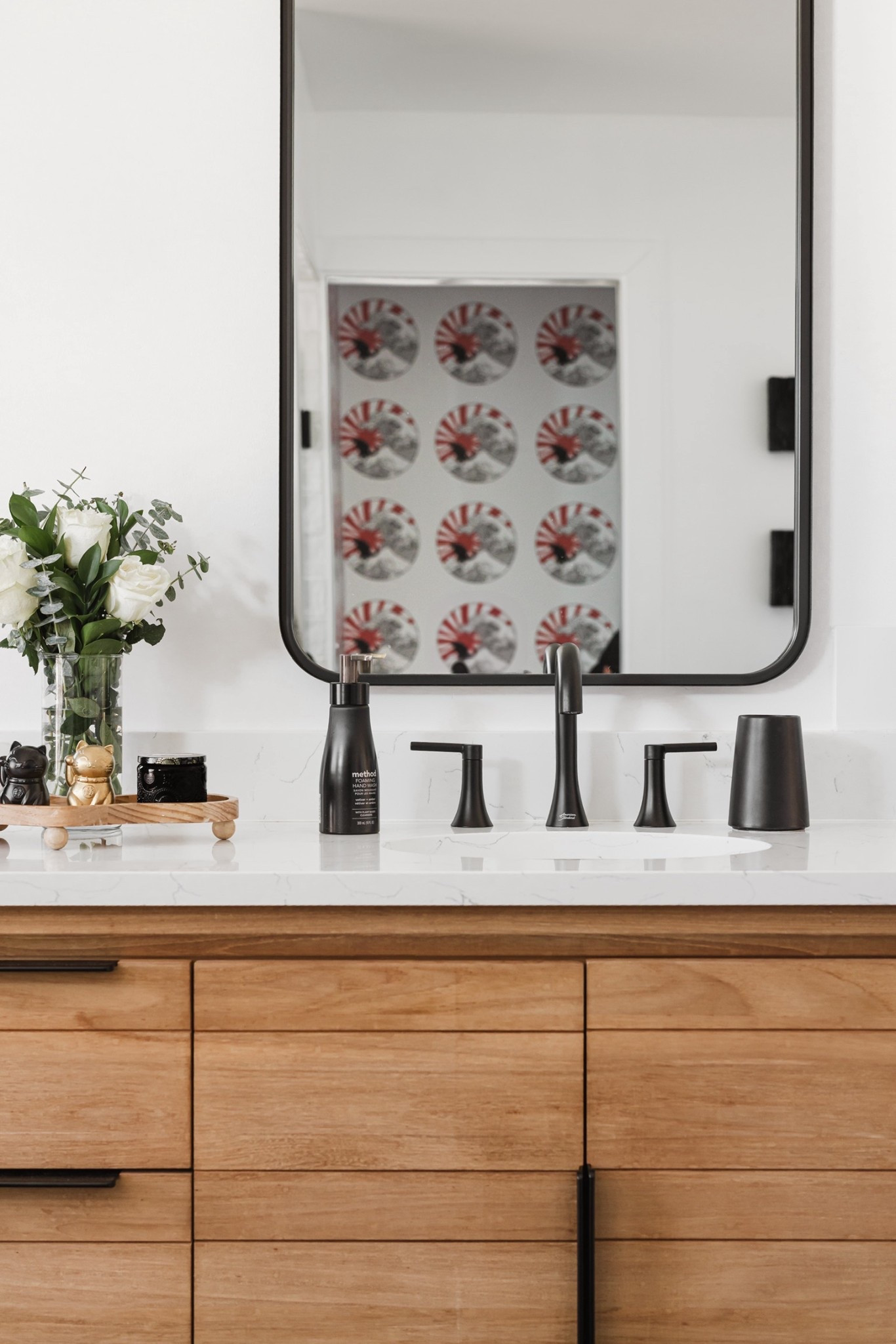 More bathroom inspo from our #Japandi remodel project. The 72” double bathroom vanity in natural teak is 100% worth the price. The white quartz top is beautiful and the amount of storage is incredible. Our clients love it! We paired with matte black plumbing fixtures and hardware, all linked below. ⤵️

#LTKHome #LTKFindsUnder50 #LTKFindsUnder100