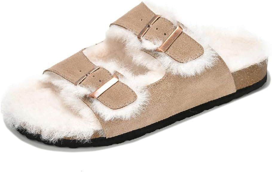 Project Cloud Women's Genuine Suede Shearling Sandals - Adjustable Double Strap, Comfortable Flat... | Amazon (US)
