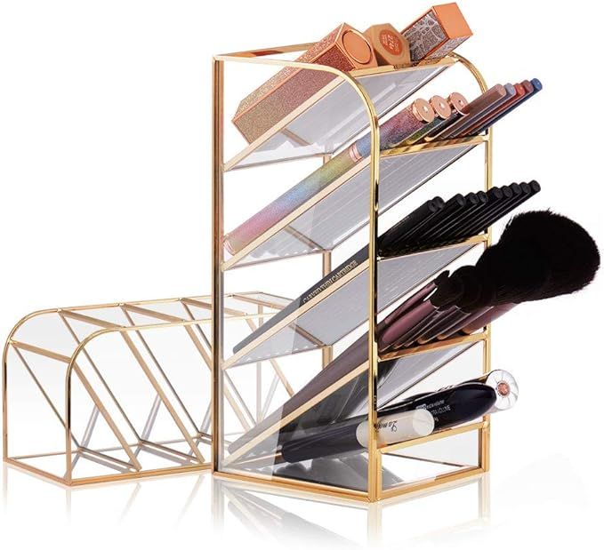 Glass Makeup Brush Holder Organizer Gold Cosmetic Organizer 5 Compartments Makeup Storage for... | Amazon (US)