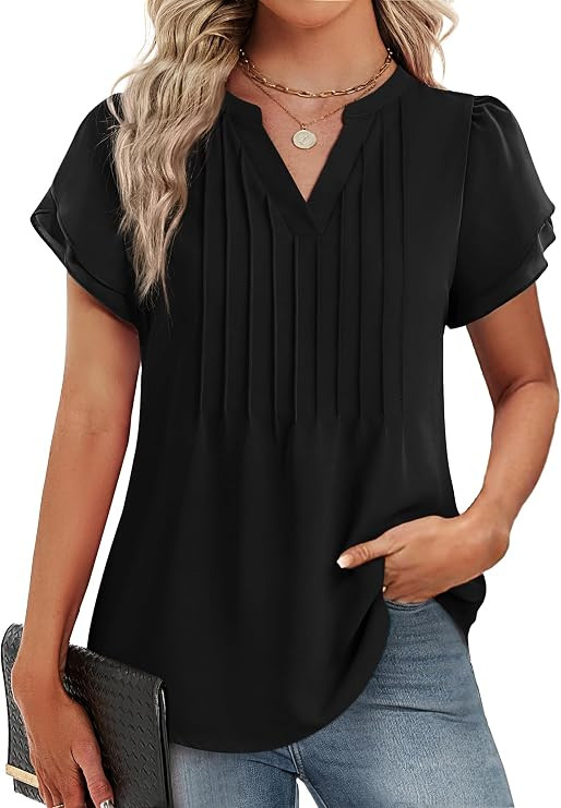 Funlingo Womens Blouses Dressy Casual Short Petal Sleeve Tops Business Summer Pintuck Chiffon Top... | Amazon (US)