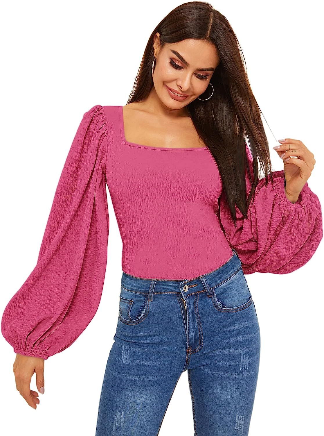 Romwe Women's Long Puff Sleeve Square Neck Slim Fit Crop Tops Blouse Sweatshirt | Amazon (US)